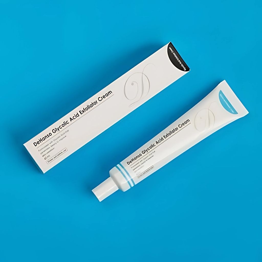Tube of DeHanso Glycolic Acid Cream with 10% AHA exfoliation and soothing botanicals, available in Jordan drug store and cosmetics jordan

